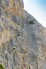 A high steep cliff with a small rock climber at the bottom