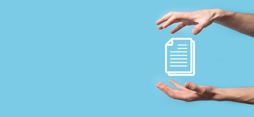 Male hand holding a document icon on blue background. Document Management Data System Business Internet Technology Concept. Corporate data management system DMS