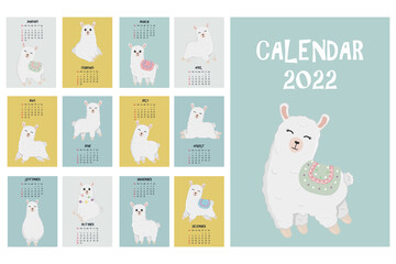 Obraz premium Cute calendar with llama character. 2022 calendar with alpaca. Minimalistic calendar for the year for print with kids illustrations. Wall vertical calendar. Vector illustration