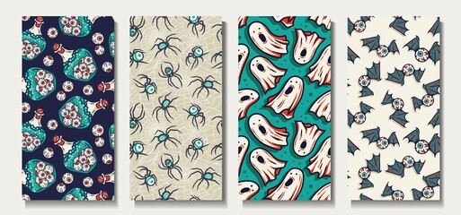 Halloween eye and bottle with eyeball for halloween background. Spider and scary ghost. Set of seamless patterns with insect and spirit for holiday package and wrapper