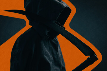 Side view of Grim Reaper in a black cloak with a hood holding scythe on a bright orange background.