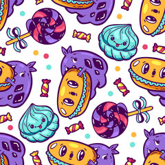 Kawaii colorful food seamless pattern. Cartoon style doodle sweety characters. Emotional faces icon candy shop. Vector