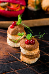 Toasted bread with liver pate. Gourmet appetizers Variety of mini sandwiches