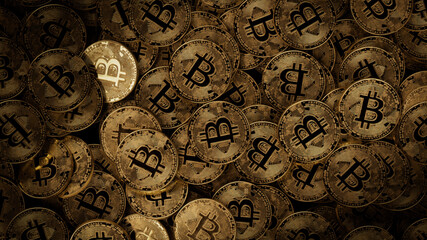 Bitcoin Cryptocurrency represented as Gold Coins. Decentralized Business Wallpaper. 3D Render.