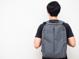 Fototapeta premium Man with school backpack stand turn back copy space white background back to school concept