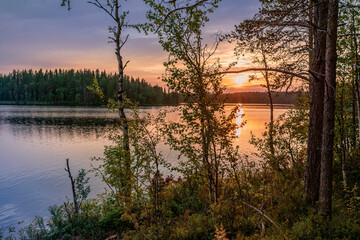 Fototapeta na wymiar Beautiful decline on the wood lake. Sunset background.