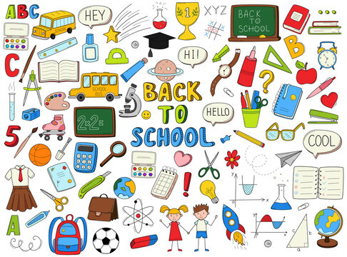 Set of doodle outline icons back to school. School items, supplies, stationery, Hand-drawn black and white vector illustration. Design elements are isolated on a white background