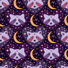 Cute racoons with stars and moons in pink and purple colors for children pajamas design or slumber prty decorations.