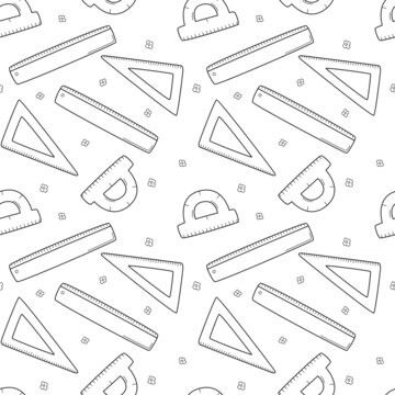 School simple seamless pattern with ruler, triangle and protractor. Mathematics, geometry. Black and white background with isolated hand-drawn doodle outline elements. Vector illustration.
