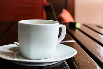 The coffee mug placed on the wood table top