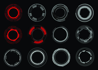 Set of futuristic gray and red circles. Circle of technology HUD, UI. Futuristic shining portals. Circular panel in the shape of a circle. Panel with circles on black background
