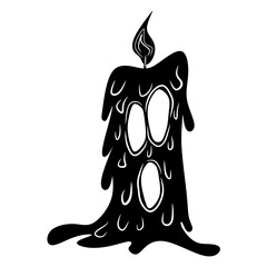 Spooky black candle, cartoon isolated on white background, vector illustration for design and decor, Halloween, sticker, template