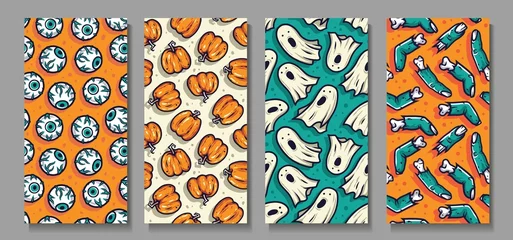 Foto op Aluminium Halloween zombie finger and eye. Pumpkin and scary ghost for creepy backgrounds. Set of seamless patterns with eyeball, undead and spirit for holiday package and wrapper © Casoalfonso