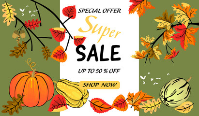 Autumn fall super sale horizontal banner.Colorful  leaves of maple, poplar, oak and acorns on branches, pumpkin and advertising discount text.Vector background design.