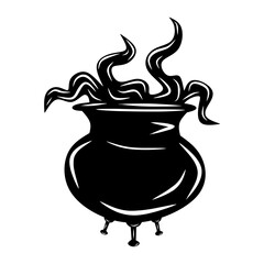 Cauldron with potion black, cartoon isolated on white background, vector illustration for design and decor, Halloween, sticker, template