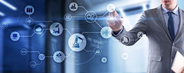 RPA Universal Technology Background for your business. 3D icons on virtual screen