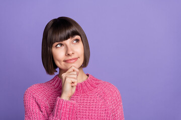 Photo of young beautiful good looking girl look copyspace brainstorming hand chin isolated on...