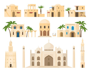 Traditional Arabic houses set vector flat illustration ethnic Islamic architecture facades