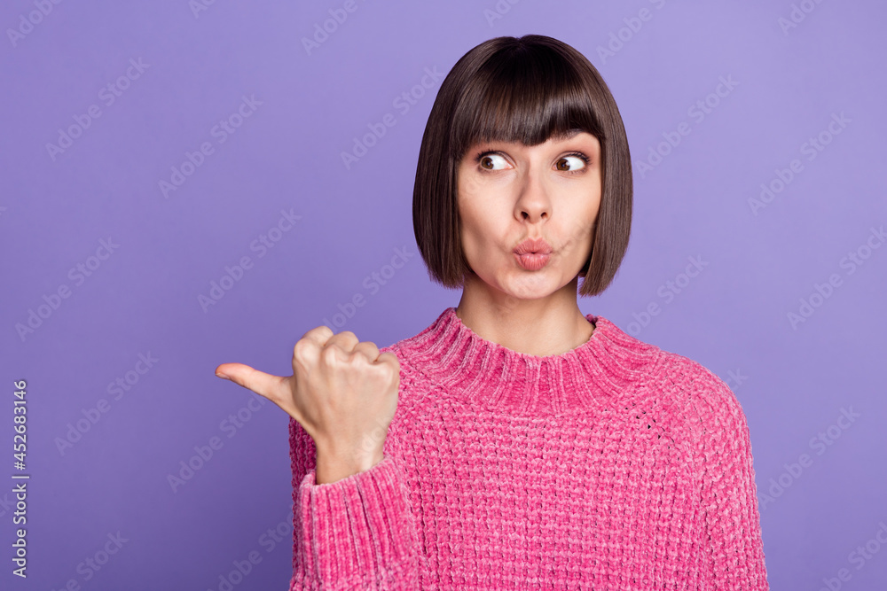 Canvas Prints Photo of shocked amazed good mood girl look copyspace advertising product offer isolated on purple color background