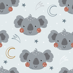 Seamless pattern cute character - animal baby koala. Vector print for baby shower. Printable templates. Vector pattern with rabbit.