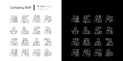 Company staff related linear icons set for dark and light mode. Chief executive officer. Company workers team. Customizable thin line symbols. Isolated vector outline illustrations. Editable stroke