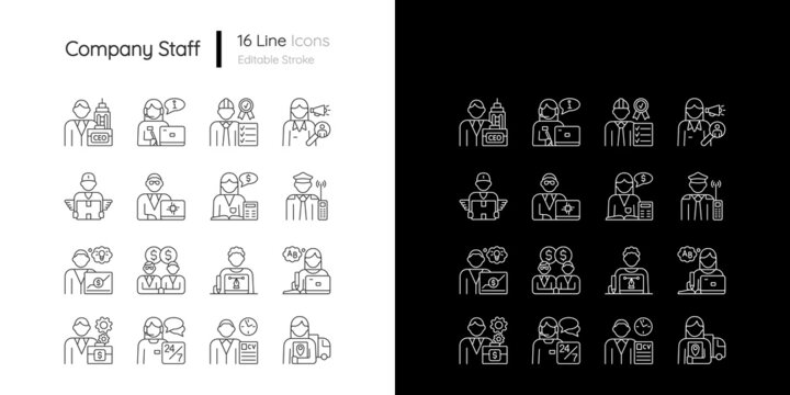 Company staff related linear icons set for dark and light mode. Chief executive officer. Company workers team. Customizable thin line symbols. Isolated vector outline illustrations. Editable stroke