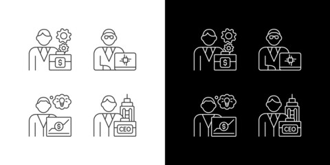 Senior executive roles linear icons set for dark and light mode. Chief Executive Officer. Main company position. Customizable thin line symbols. Isolated vector outline illustrations. Editable stroke