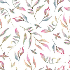 Seamless botanical watercolor pattern with delicate pink leaves on a white background.