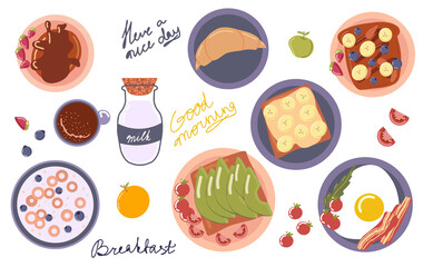 A set of delicious breakfasts, a collection of plates with breakfast food, a cup of coffee, a bottle of milk, calligraphy, lettering, hand-drawn, flat style, isolated background, vector illustration