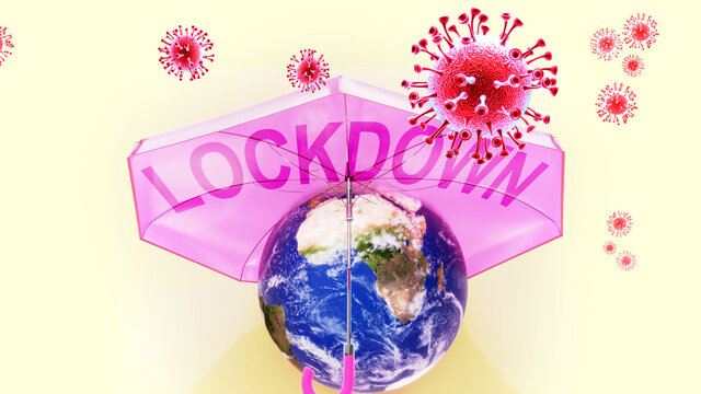 Covid lockdown - corona virus attacking Earth that is protected by an umbrella with English word lockdown as a symbol of a human fight with coronavirus pandemic and upcoming victory, 3d illustration