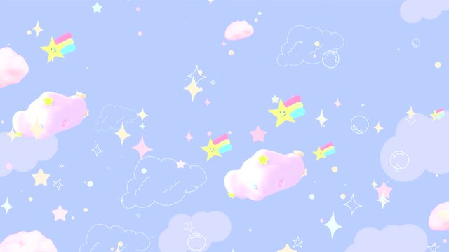 Looped cartoon doodle rainbow stars and clouds in the sky animation.