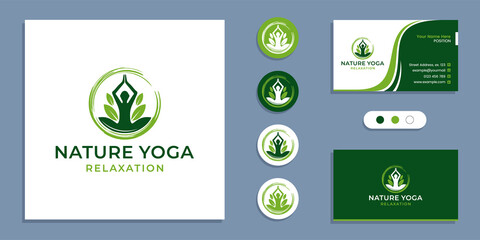 Circle zen, yoga people with leaf, nature yoga meditation logo and business card design template