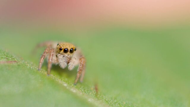 SLOW MOTION, MACRO, DOF: Adorable little jumping spider crawls along a vibrant green tree leaf. Cute close up of an tiny spider with big black eyes and fuzzy legs. Lovely jumper exploring the woods.