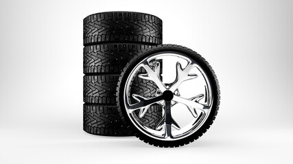 Naklejka na ściany i meble Set of winter car wheels with rim in snowflake shape. 3d render. Poster usable for a web site design, logo, app, UI, posters.