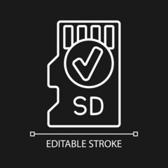 Includes memory card white linear manual label icon for dark theme. Thin line customizable illustration. Isolated vector contour symbol for night mode for product use instructions. Editable stroke