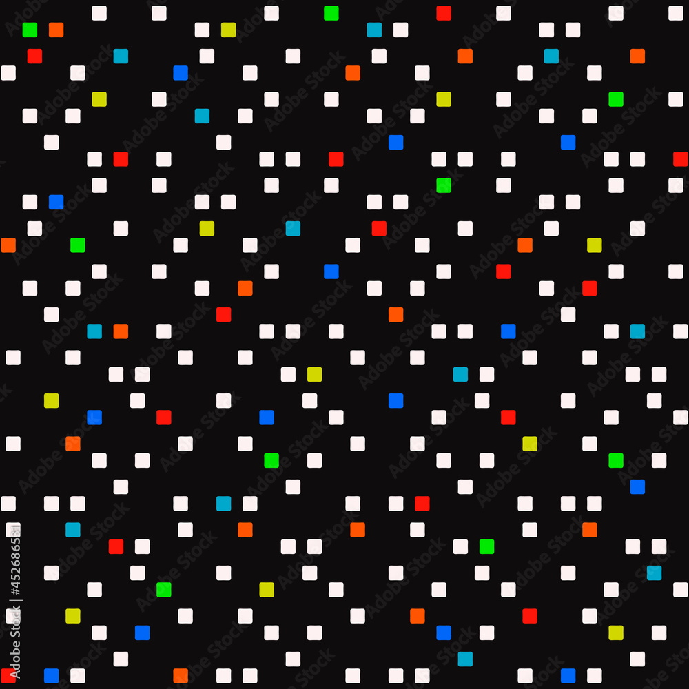 Poster Little pixels pattern. Black background and white pixels but some of them are colored. Vector simple pixelated wallpaper.