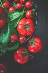 Fresh tomatoes, cherry tomato. Fresh vegetables on table. Market vegetable, garden.Diet concept. Healthy organic vegetarian food.