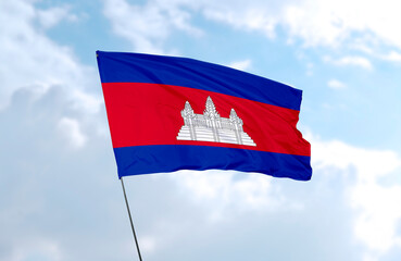Flag of Cambodia, realistic 3d rendering in front of blue sky