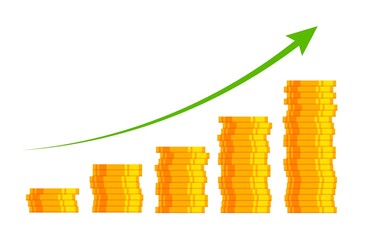 Fototapeta premium Money profit. Financial growth concept with stack of gold coins. Business success, investment income, capital gains, benefits. Vector illustration isolated on white background.