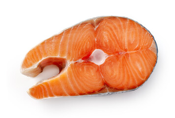 Salmon piece isolated on white background. Top view of salmon steak.