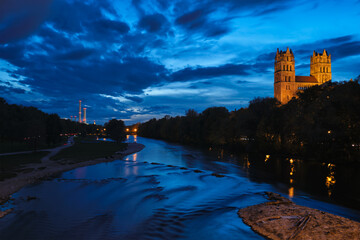 Isar river, park and St Maximilian church from Reichenbach Bridge. Munchen, Bavaria, Germany.