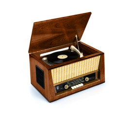 Retro radio with gramophone on white background. Vintage old style.