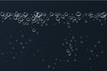 Transparent fizzy bubbles. Sparkles champagne. Fizzy pop and effervescent drink. Abstract fresh soda and air bubbles, oxygen, champagne crystal. Vector illustration on black background.