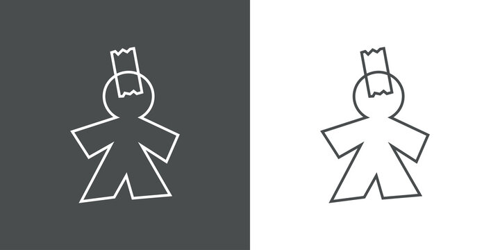 D&iacute;a de los santos inocentes. Icono con silueta de hombre de papel recortado con tira de cinta adhesiva de plastico  en lineas en fondo gris y fondo blanco