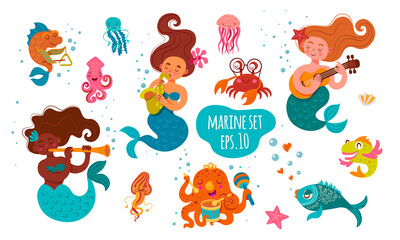 Naklejka na ściany i meble Large marine set. The mermaid who plays the guitar, the mermaid who plays the saxophone, the dark-skinned mermaid plays the pipe. Diverse fish, octopus plays the drum, jellyfish, crab, starfish.