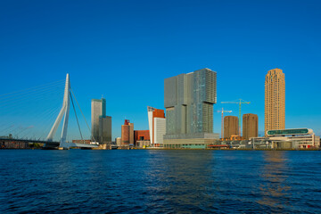 Naklejka premium Rotterdam skyscrapers skyline and Erasmusbrug bridge over of Nieuwe Maas river. Rotterdam