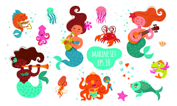 Large marine set. The mermaid who plays the guitar, the mermaid who plays the saxophone, the dark-skinned mermaid plays the pipe. Diverse fish, octopus plays the drum, jellyfish, crab, starfish.