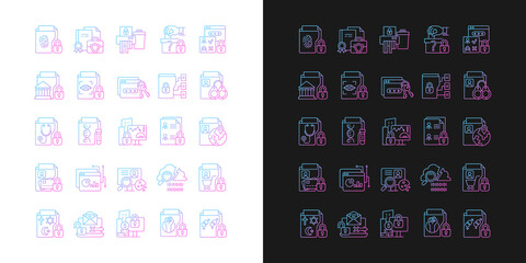 Sensitive information types gradient icons set for dark and light mode. Cyber security. Thin line contour symbols bundle. Isolated vector outline illustrations collection on black and white