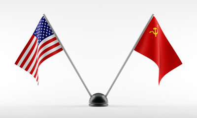 Stand with two national flags. Flags of USA and the USSR. Isolated on a white background. 3d rendering