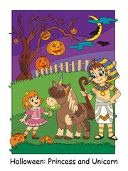 Halloween illustration princess with a unicorn and an Egyptian